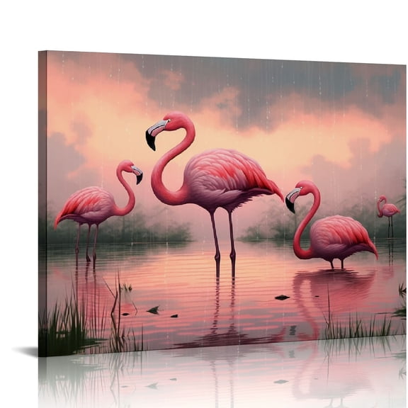 Jeuxus Canvas Print Pink Flamingo Wall Art Decor for Home Bedroom Bathroom, HD Prints Gallery Wrapped Ready to Hang, Water and UV Resistant 20x16