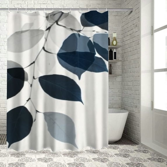 Jeuxus Shower Curtain Set Abstract Plants Leaf Picture Navy Blue and Gray Boho Modern Simple Multiple Sizes White