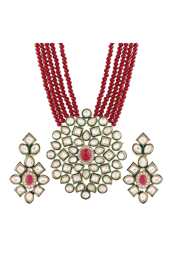 JewarHaat Necklace Layered Onyx Crystal Beads Gold Plated Pearl Polki Ad Cz Gold Tone Meena Work With Matching Earrings Long Jewelry Set For Women (Kundan Inspired, Maroon) C113