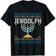 thumbnail image 1 of Jewdolph Ugly Hanukkah Sweater Reindeer Candles T-ShirtMen and women, Black T-shirt, size: Extra large S-4XL, 1 of 4