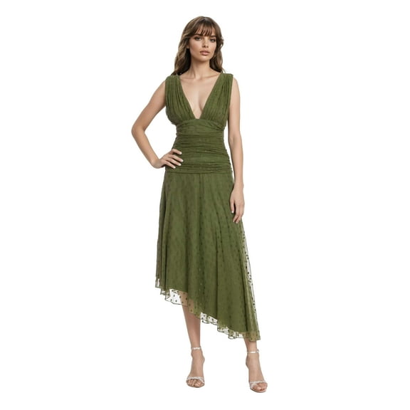 Jewel Badgley Mischka Katie Draped V-Neck Asymmetrical Hem Dress