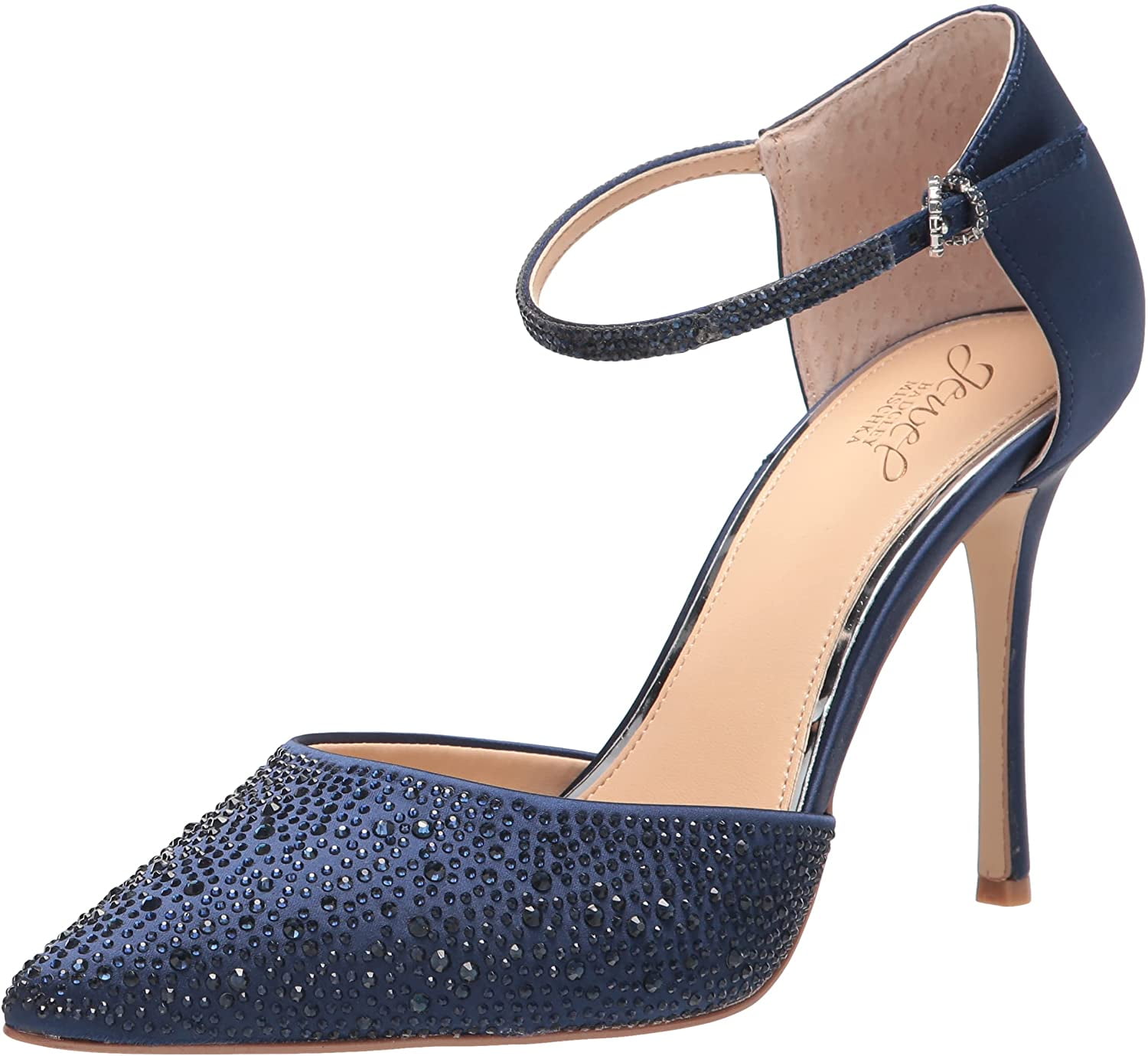 Navy Satin Glitter Ankle Strap High Heel Pumps