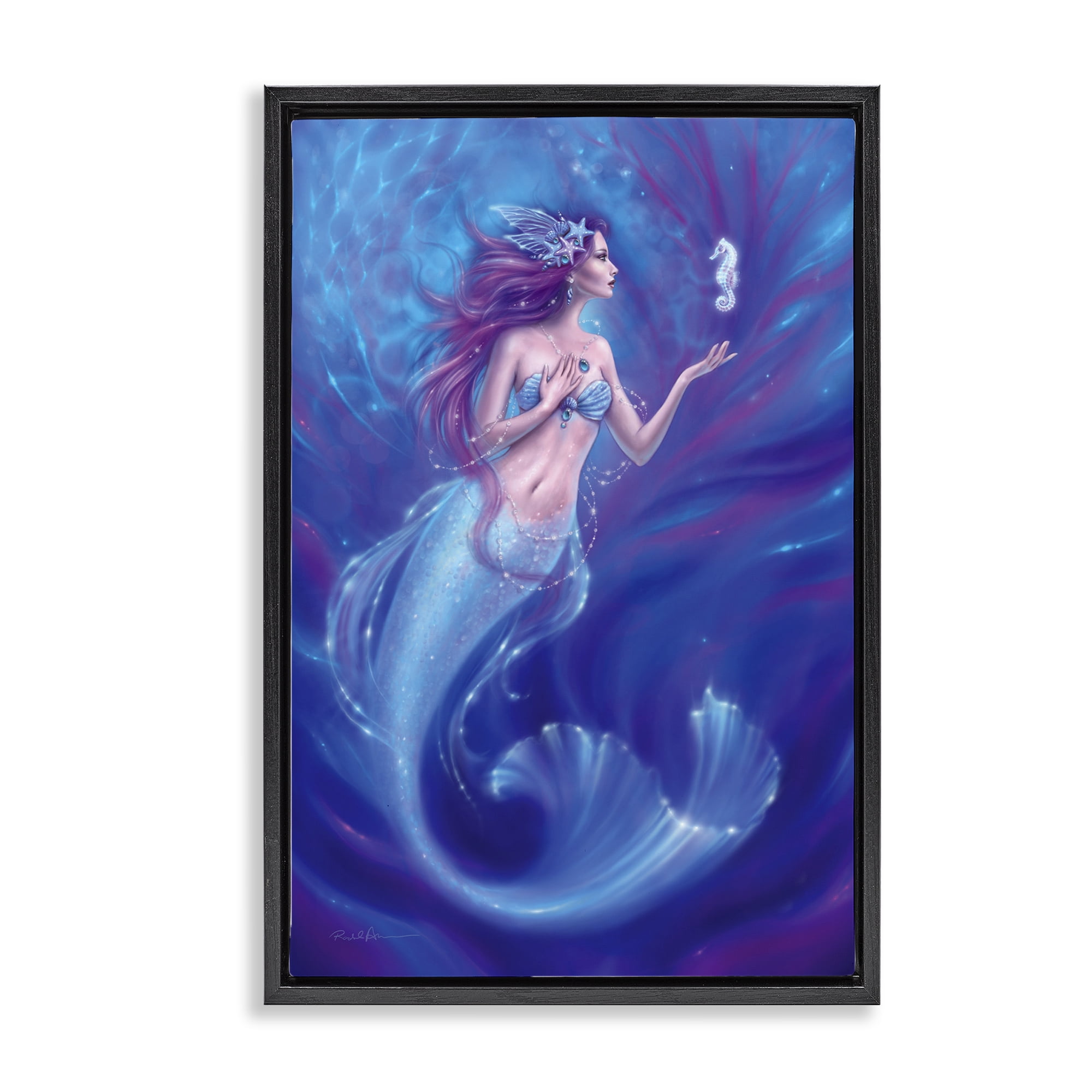 Jewel Bedecked Mermaid & Seahorse Black Framed Floater Canvas Wall Art, design by Rachel Anderson