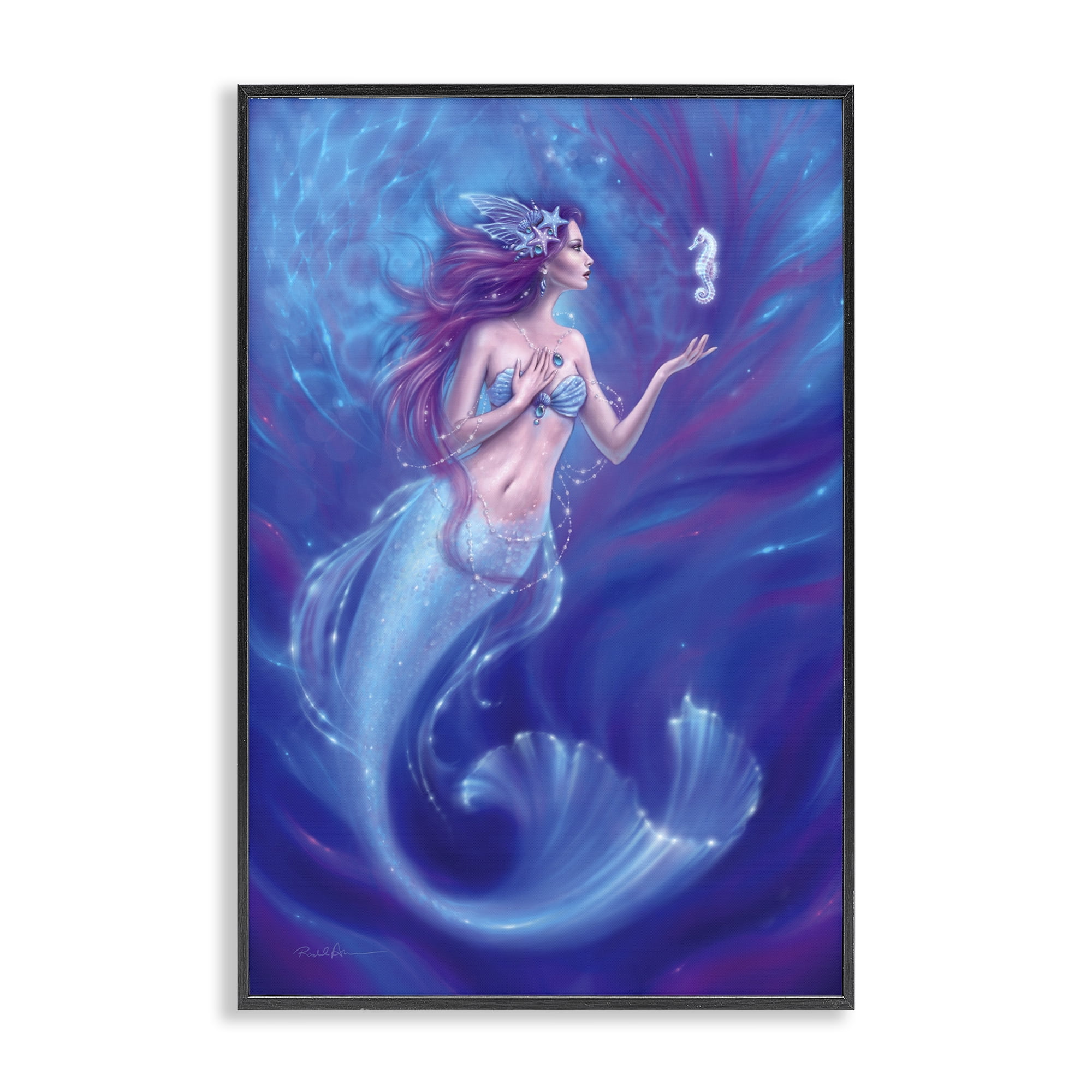 Jewel Bedecked Mermaid & Seahorse Black Framed Giclee Art, design by Rachel Anderson