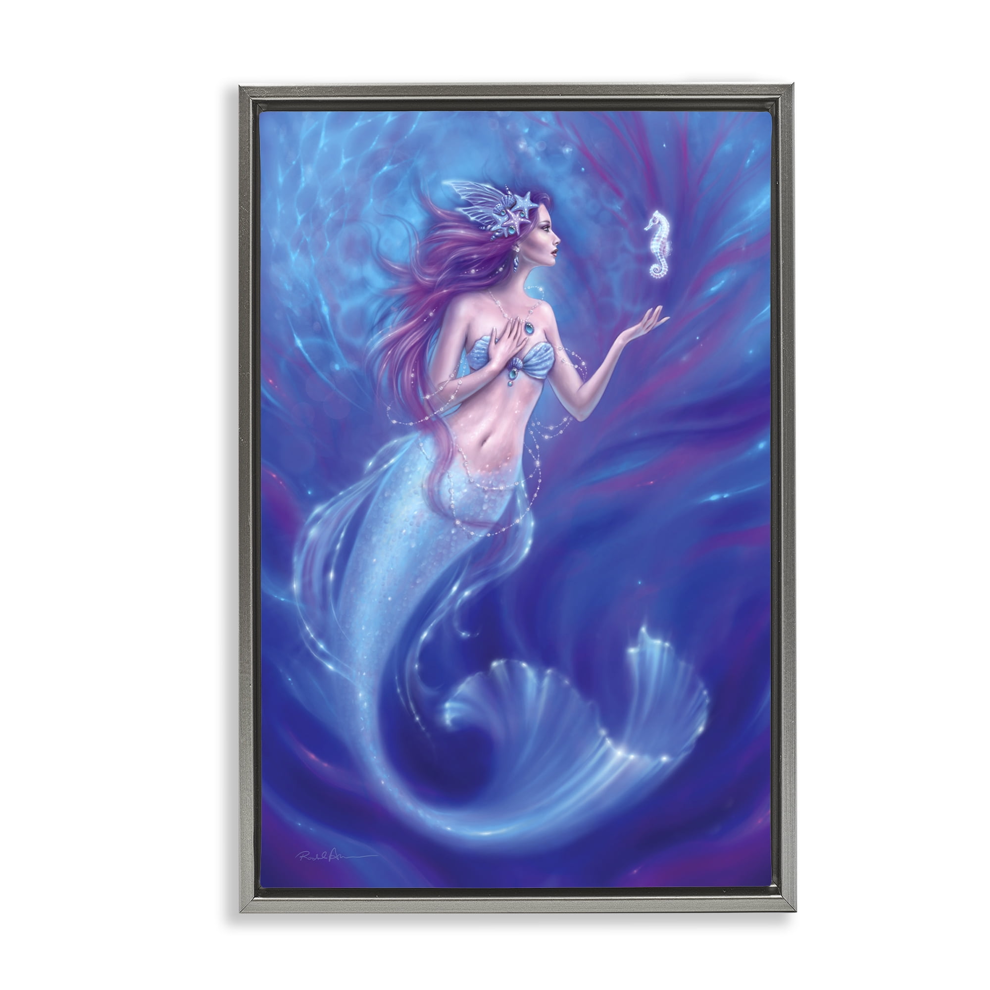 Jewel Bedecked Mermaid & Seahorse Gray Framed Floater Canvas Wall Art, design by Rachel Anderson