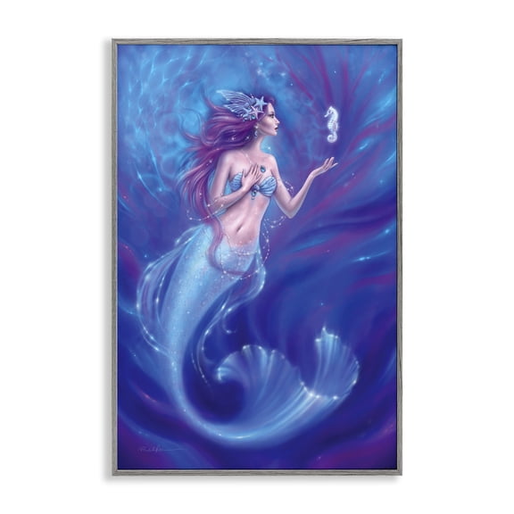 Jewel Bedecked Mermaid & Seahorse Gray Framed Giclee Art, design by Rachel Anderson