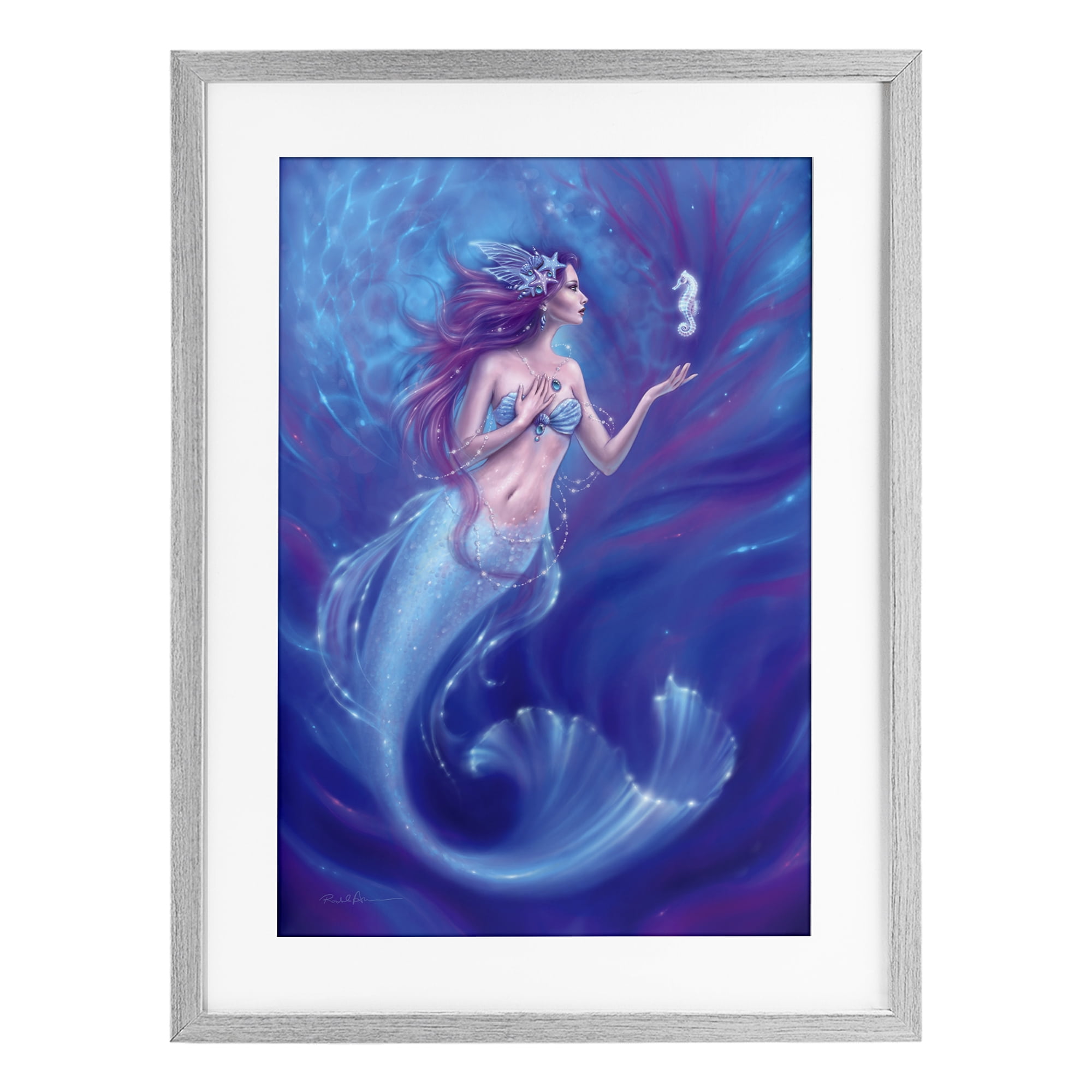 Jewel Bedecked Mermaid & Seahorse Gray Framed Print Under Glass, design by Rachel Anderson