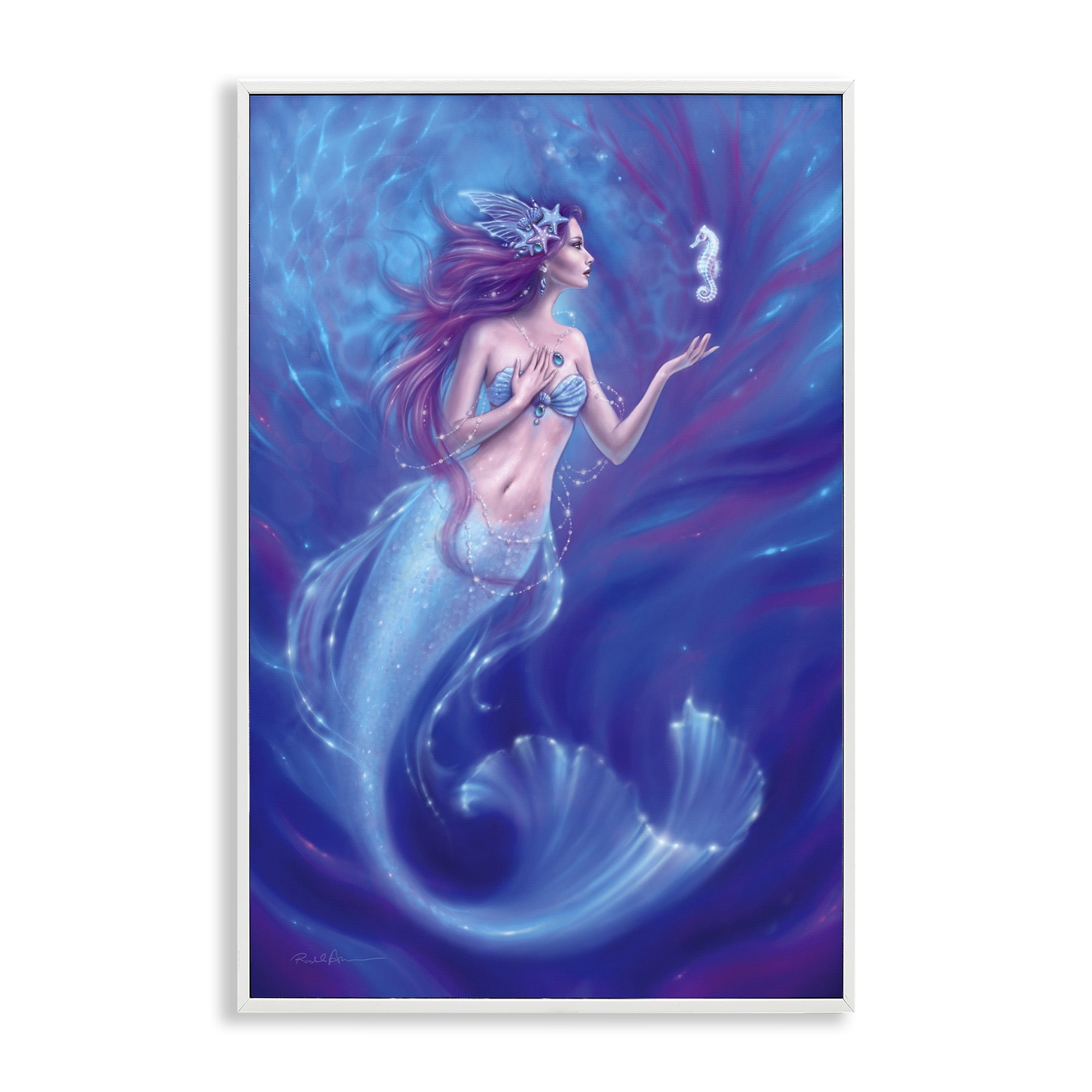 Jewel Bedecked Mermaid & Seahorse White Framed Giclee Art, design by Rachel Anderson