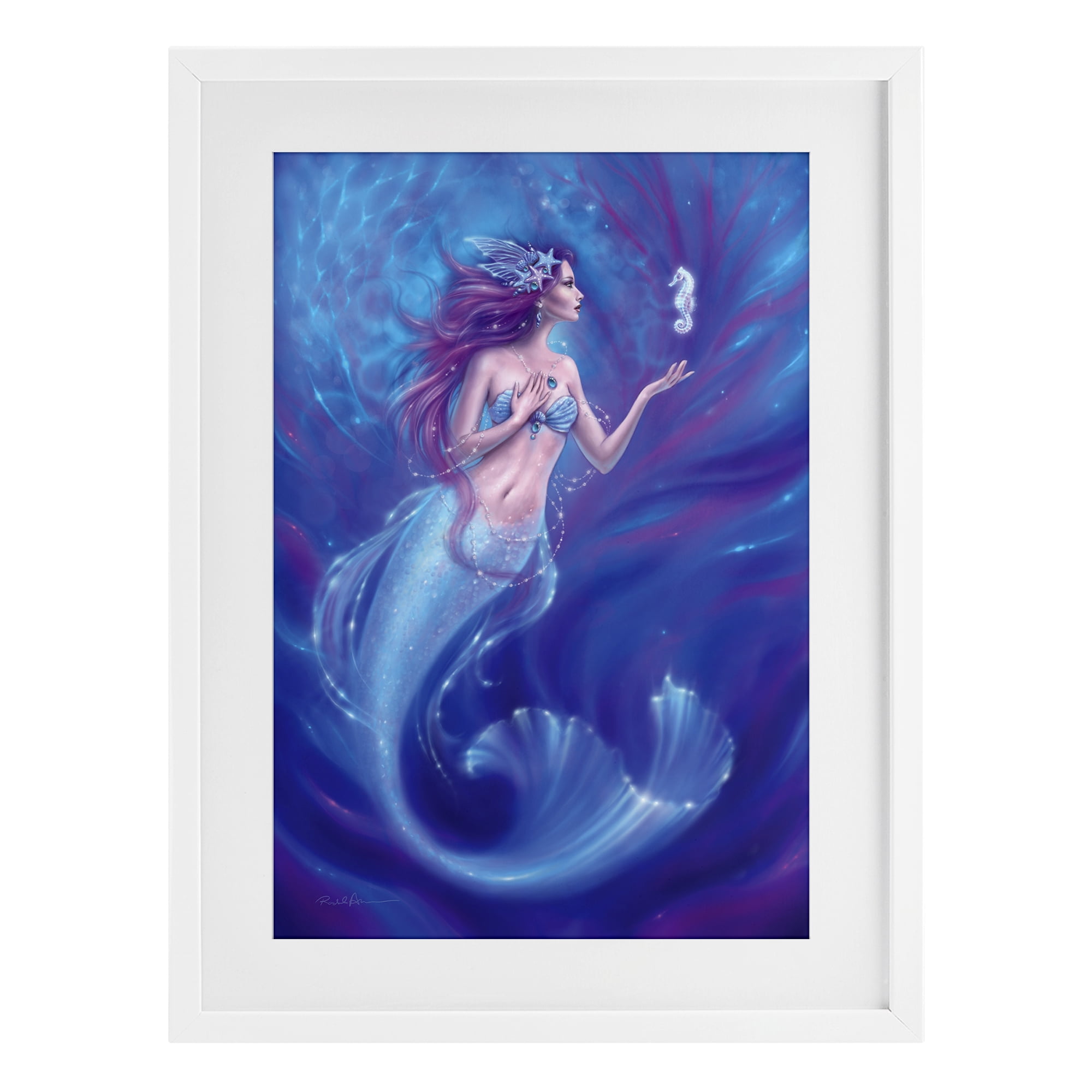 Jewel Bedecked Mermaid & Seahorse White Framed Print Under Glass, design by Rachel Anderson