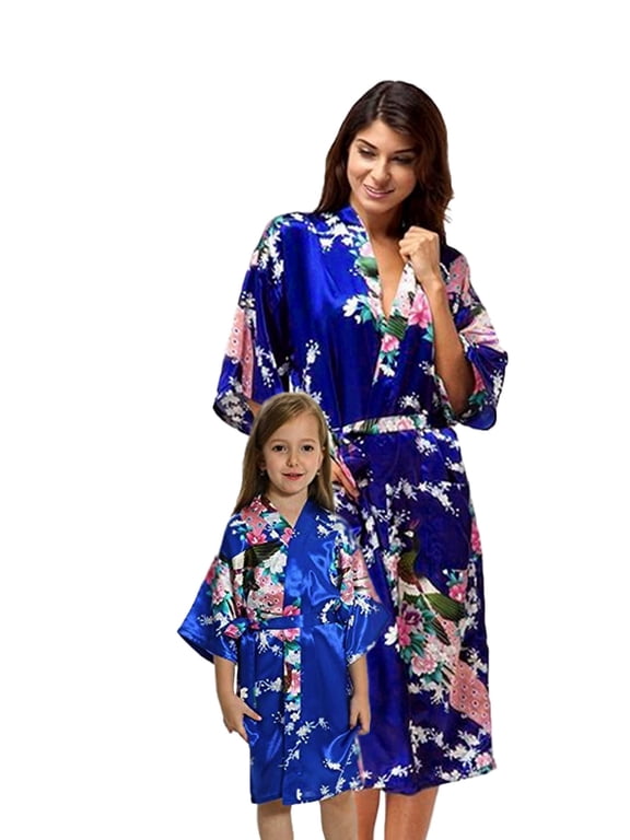 Jewel Blue Mommy and Me Robes, Floral, Satin Feel
