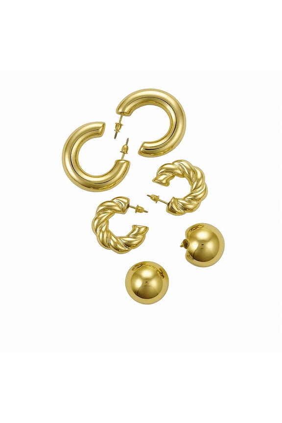 3-Pair Gold-Plated Chunky Hoop Earrings Set for Women Twisted, Dome & Bold