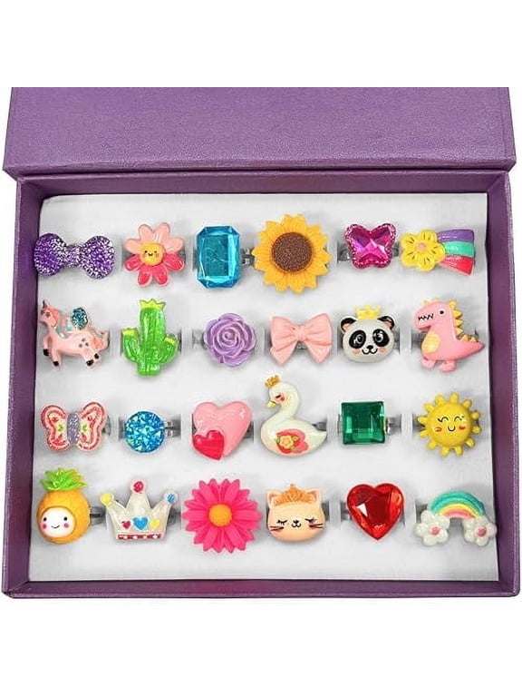 Jewel Rings for Kids, Set of 24 Adjustable Dress Up Rings for Girls, Pretend Play Jewelry for Little Girls In Purple Gift Box, Unique and No Duplicates - Great Birthday Gift for Girls Ages 3 4 5 6 7 8