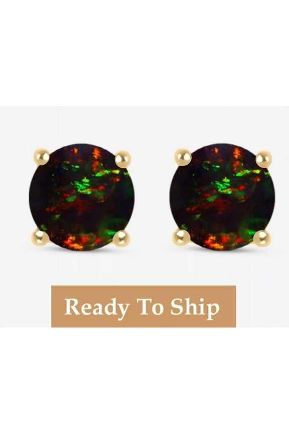 Jewel Studio Black Opal Earring Round Opal Studs Anniversary Wedding Gifts Natural Gemstone