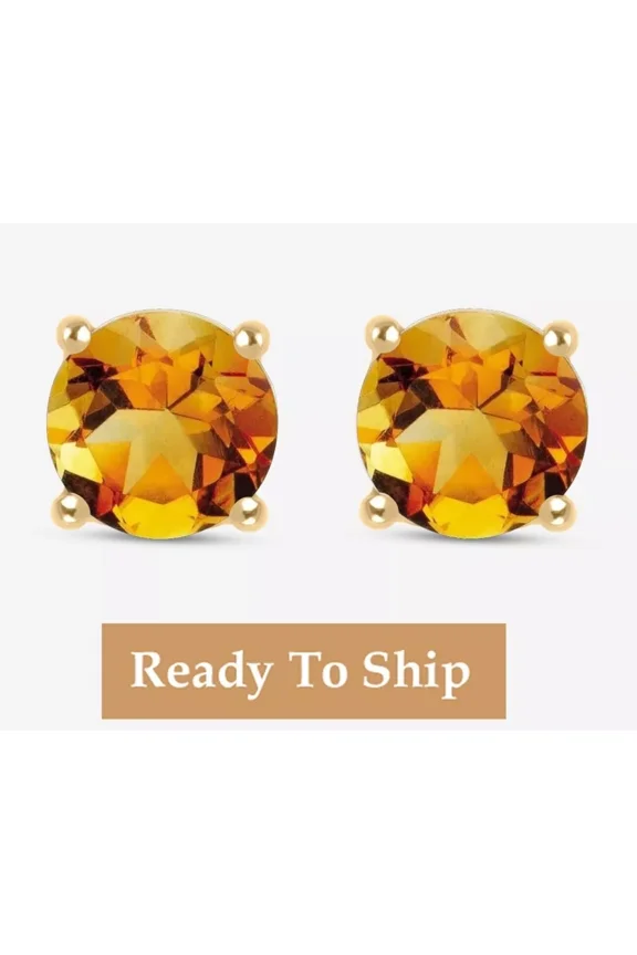 Jewel Studio Citrine Earring Studs Women Jewelry Round Sterling Silver Earring Gifts For Her