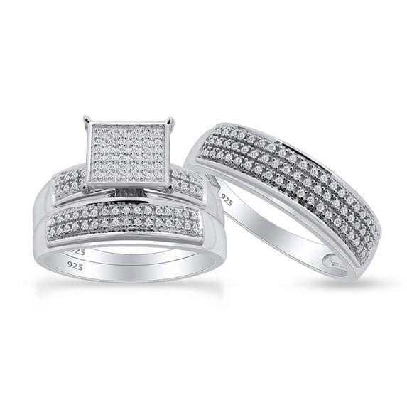 AFFY 0.33CT Natural Diamond Trio Matching Wedding Rings Set 14k White Gold over Silver-13.5