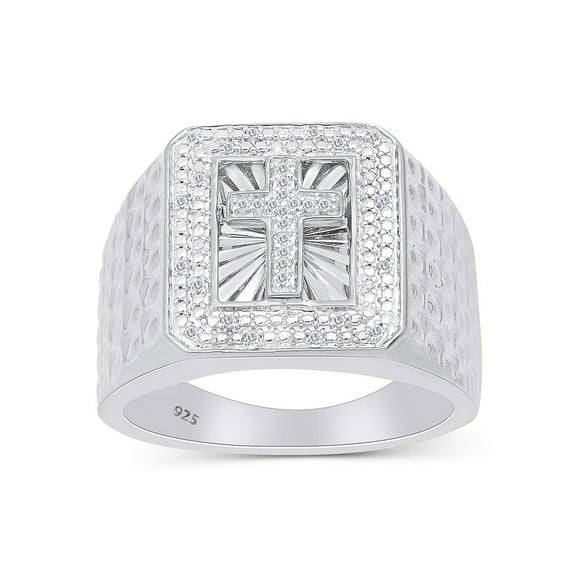 AFFY 0.10CT White Natural Diamond Cross Men's Ring in 14K White Gold over Sterling Silver-12.5