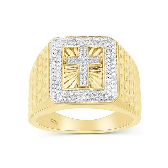 AFFY 0.10CT White Natural Diamond Cross Men's Ring in 14K Yellow Gold over Sterling Silver-10