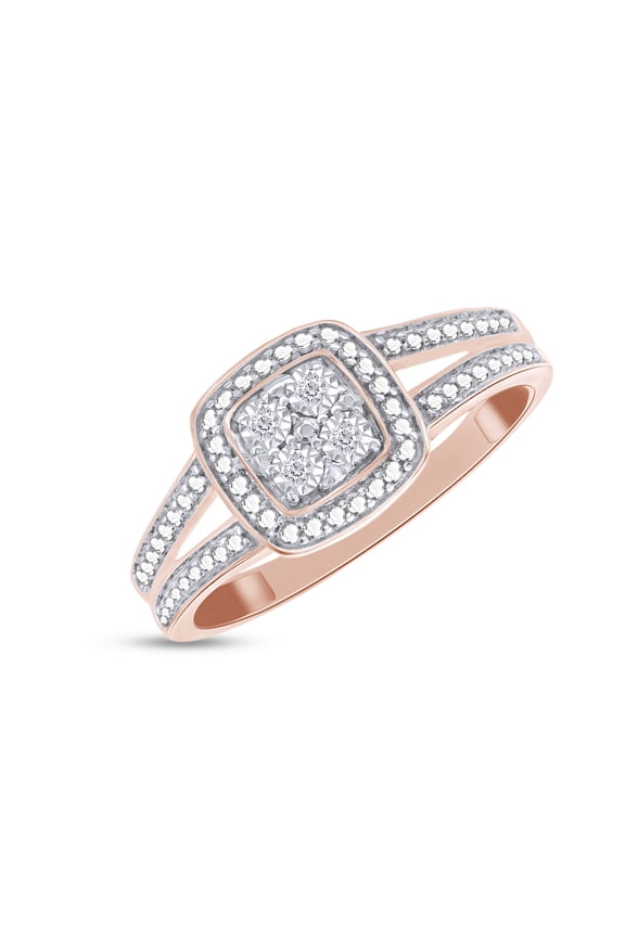 14K Rose Gold Over Sterling Silver, Round Cut Natural Diamond Accent Cushion Frame Split Shank Anniversary Ring, Size-4