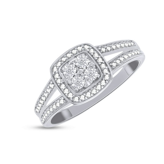 AFFY 14K White Gold Over Sterling Silver, Round Cut Natural Diamond Accent Cushion Frame Split Shank Anniversary Ring, Size-9