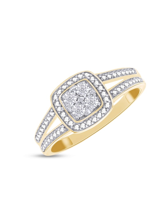 14K Yellow Gold Over Sterling Silver, Round Cut Natural Diamond Accent Cushion Frame Split Shank Anniversary Ring, Size-7