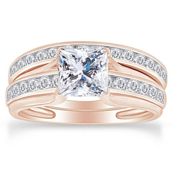 AFFY 14k Rose Gold over Sterling Silver Princess Cut White Cubic Zirconia Wedding Ring Set-6.5
