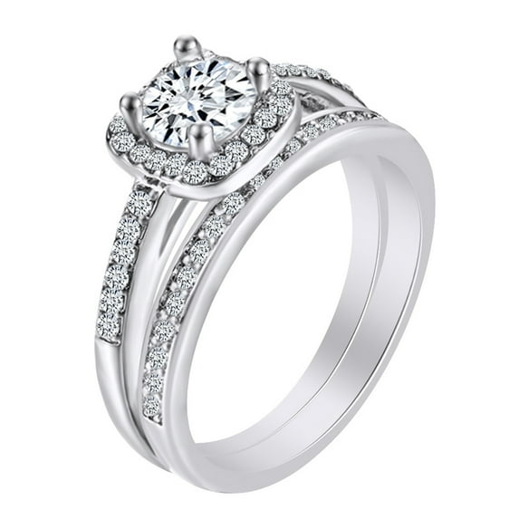 AFFY 2.25CT Round White Cubic Zirconia Wedding Bridal Ring Set 14K White Gold over Silver-13.5