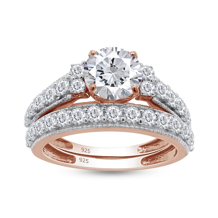 AFFY 4.50CT Round White Cubic Zirconia Wedding Ring Set in 14K Rose Gold over Silver 11.5