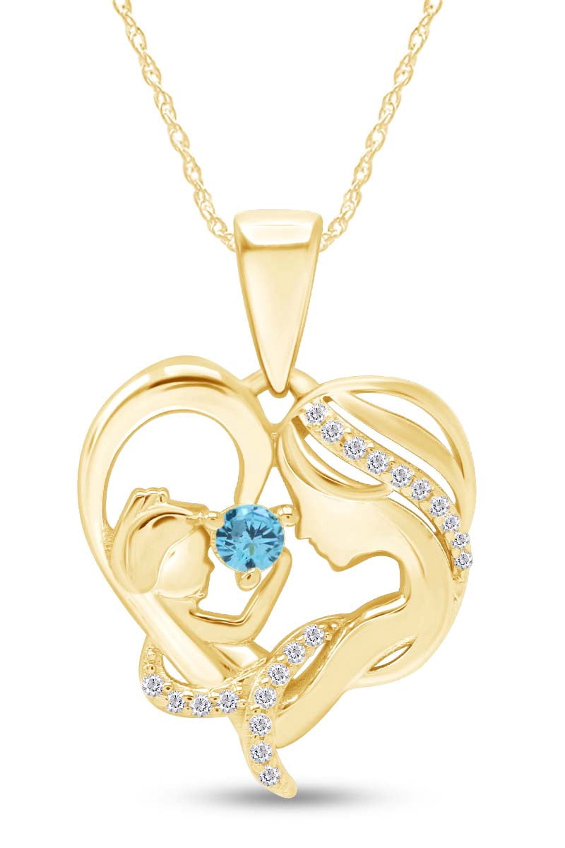 AFFY Aquamarine & White Cubic Zirconia Mom Heart Pendant Necklace 14k Yellow Gold over Silver