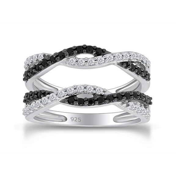 AFFY Black & White Cubic Zirconia Enhancer Guard Ring for Women 14K White Gold over Silver-7.5