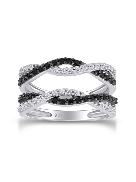 Black & White Cubic Zirconia Enhancer Guard Ring for Women 14K White Gold over Silver-8.5