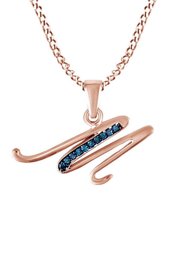 Blue Natural Diamond Initial "M" Pendant Necklace in 14k Rose Gold over Silver