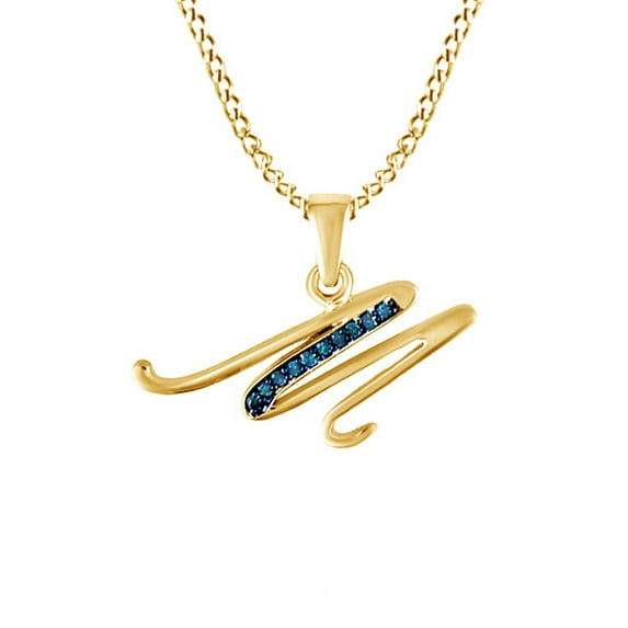 Jewel Zone US Blue Natural Diamond Initial "M" Pendant Necklace in 14k Yellow Gold over Silver