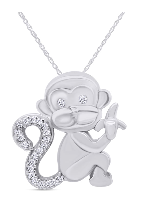 Crystal Animal Monkey Charm Pendant Necklace in 14k White Gold over Sterling Silver