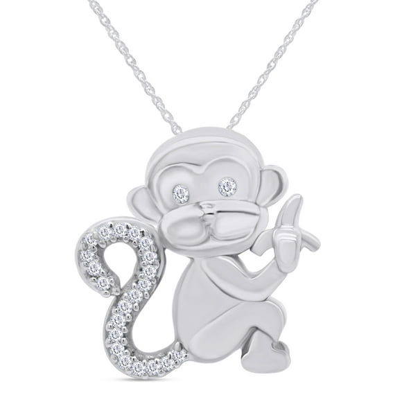 Crystal Animal Monkey Charm Pendant Necklace in 14k White Gold over Sterling Silver