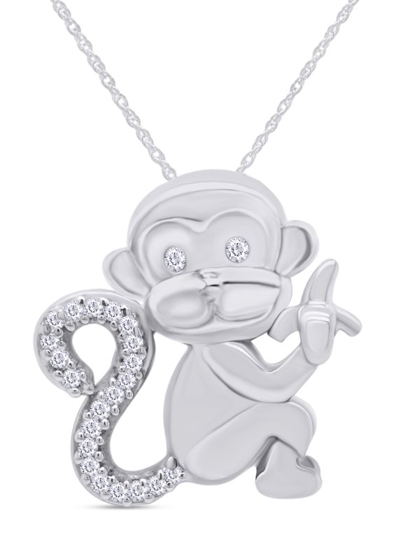 Crystal Animal Monkey Charm Pendant Necklace in 14k White Gold over Sterling Silver