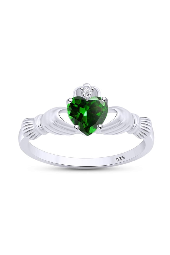 Heart Cut Simulated Emerald & Cubic Zirconia Claddagh Ring In 14k White Gold Over Sterling Silver Jewelry Gift For Her Ring Size-13