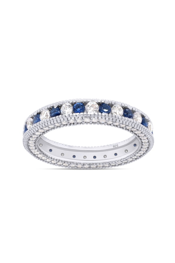 Jewel Zone US Simulated Blue Sapphire & White Cubic Zirconia Eternity Band Ring 14k White Gold over Silver-4