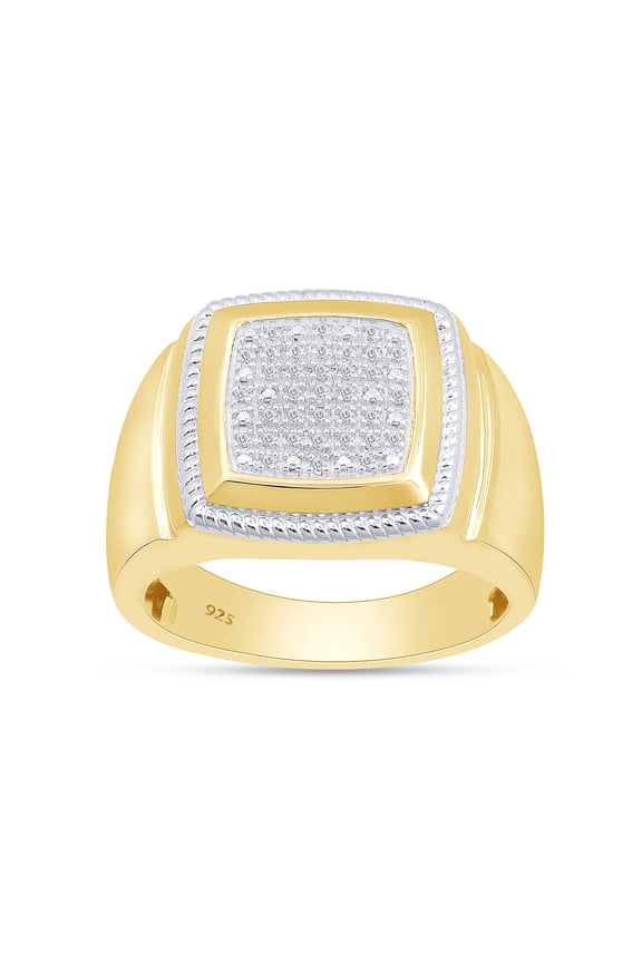 Two Tone Cluster Ring for Men, 0.10CT Natural Diamond 14K Yellow Gold over Silver-13