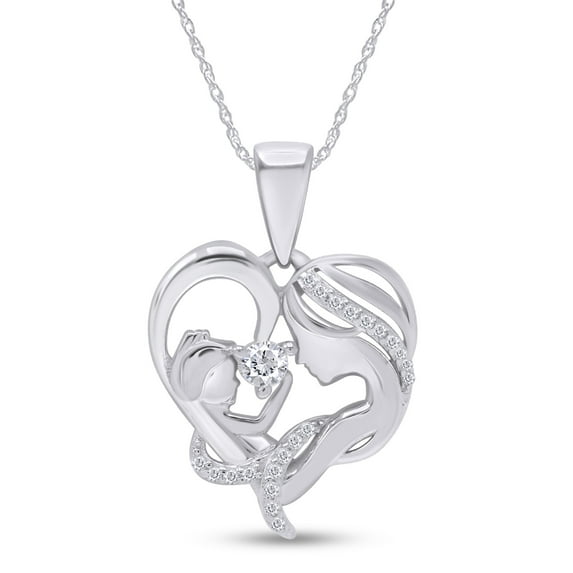 AFFY White Cubic Zirconia Mom Heart Pendant Necklace 14k White Gold over Silver
