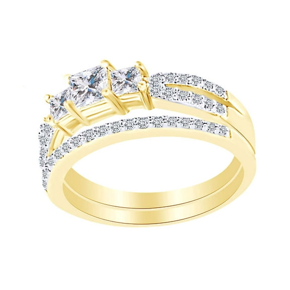 AFFY White Cubic Zirconia Three Stone Bridal Ring Set 14k Yellow Gold over Silver Ring-4