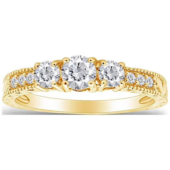AFFY White Cubic Zirconia Three Stone Promise Ring for Women 14K Yellow Gold over Silver-7.5