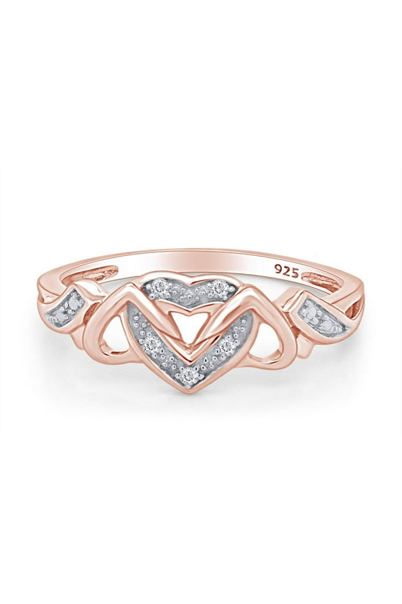 0.03CT White Natural Diamond Triple Heart Promise Ring in 14k Rose Gold over Silver-7