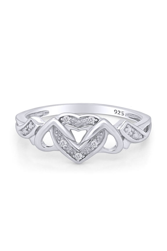 0.03CT White Natural Diamond Triple Heart Promise Ring in 14k White Gold over Silver-5.5