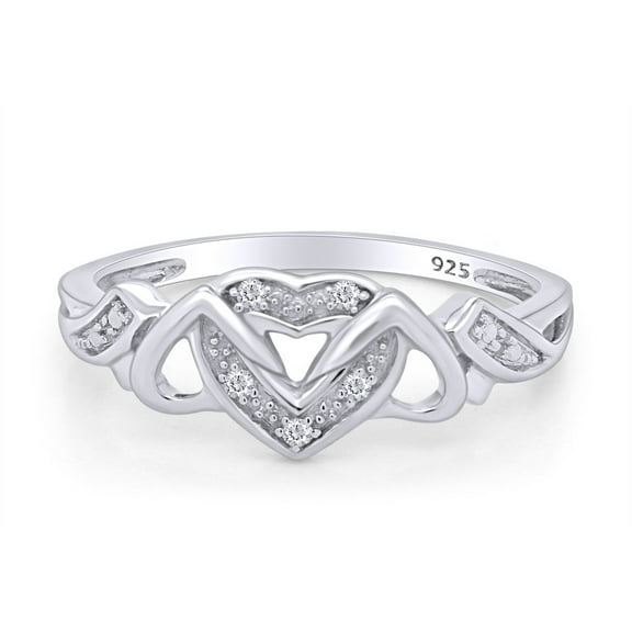 AFFY 0.03CT White Natural Diamond Triple Heart Promise Ring in 14k White Gold over Silver-7.5
