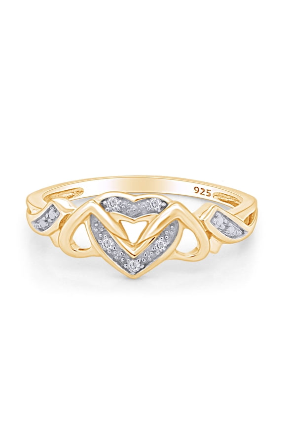 White Natural Diamond Triple Heart Promise Ring in 14k Yellow Gold over Sterling Silver-14