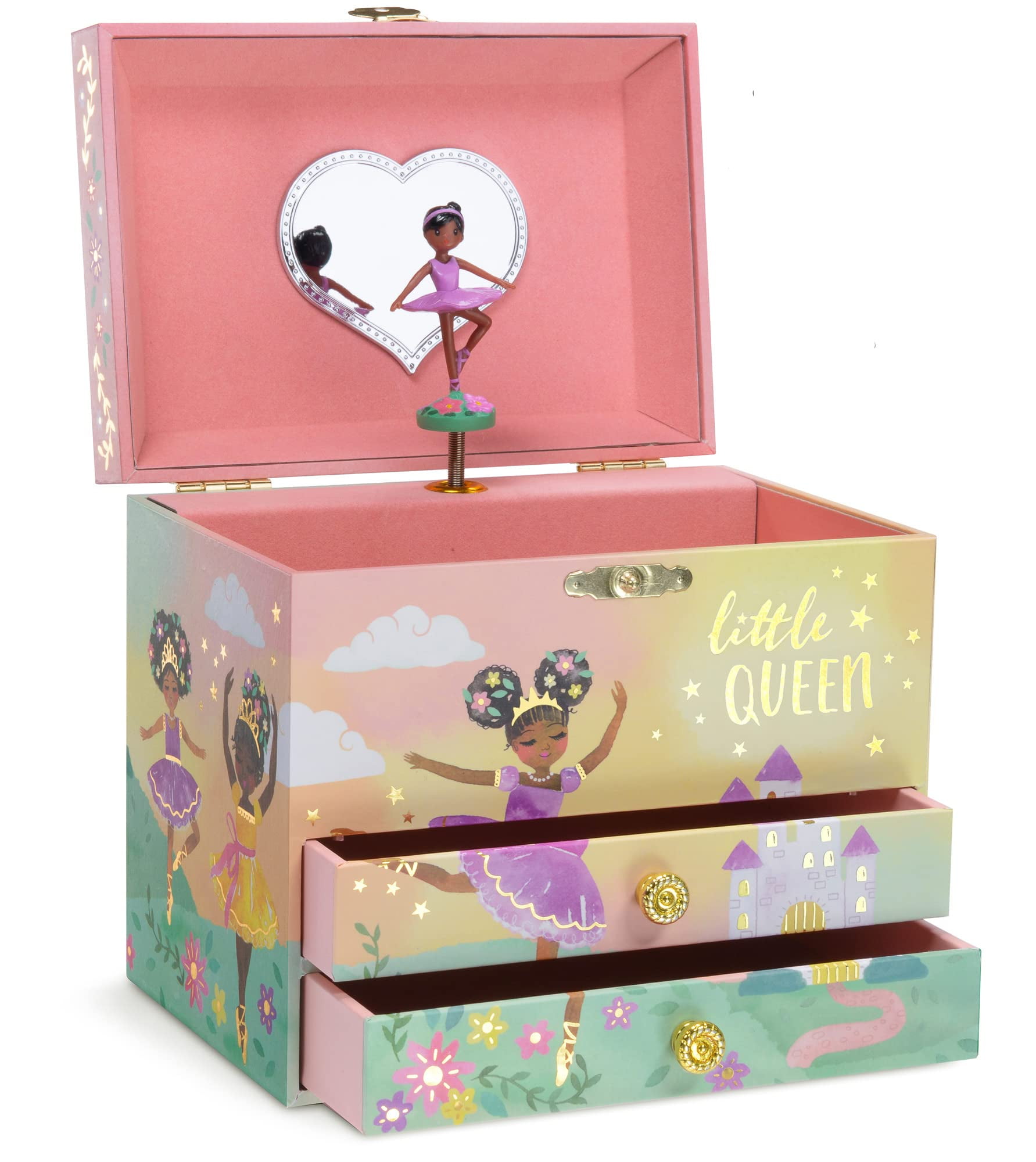 Jewelkeeper Jewelry Box for Girls - 2-Drawer Music Box with Little Queen Ballerina Dancing to Swan Lake, Cute Pink Design, Keepsake Storage for Treasured Accessories - 6.75 x 5.25 x 6 inches