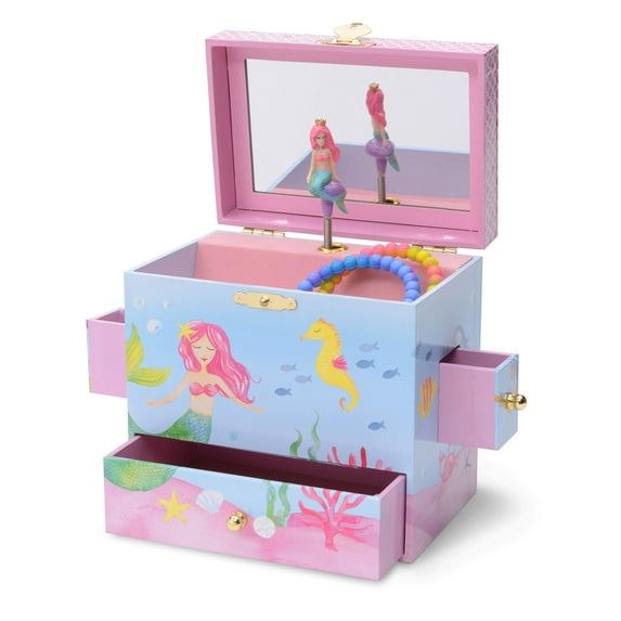 JewelKeeper Musical Jewelry Box with 3 Drawers, Mermaid Underwater Design, Over the Waves Tune