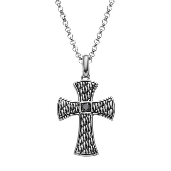 JewelMore 1/8 Carat T.W. Black Diamond Sterling Silver Textured Cross Pendant Necklace - Men