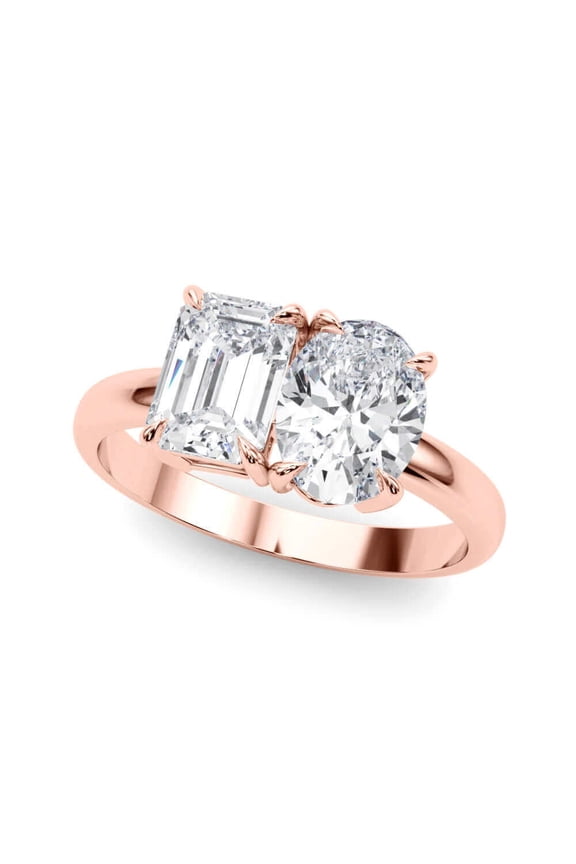2.25 Carat Oval and Emerald Cut Lab Grown Diamond Graduated Engagement Ring for Women| 14K Gold |F-G Color, VS-SI Clarity | Amazing Collection | 30 Day Free Return