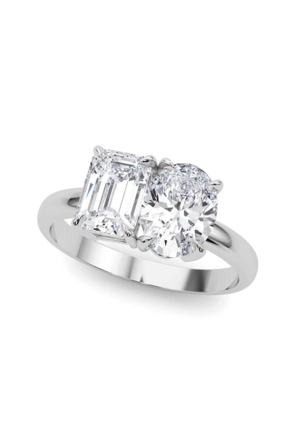 2.25 Carat Oval and Emerald Cut Lab Grown Diamond Graduated Engagement Ring for Women| 14K Gold |F-G Color, VS-SI Clarity | Amazing Collection | 30 Day Free Return